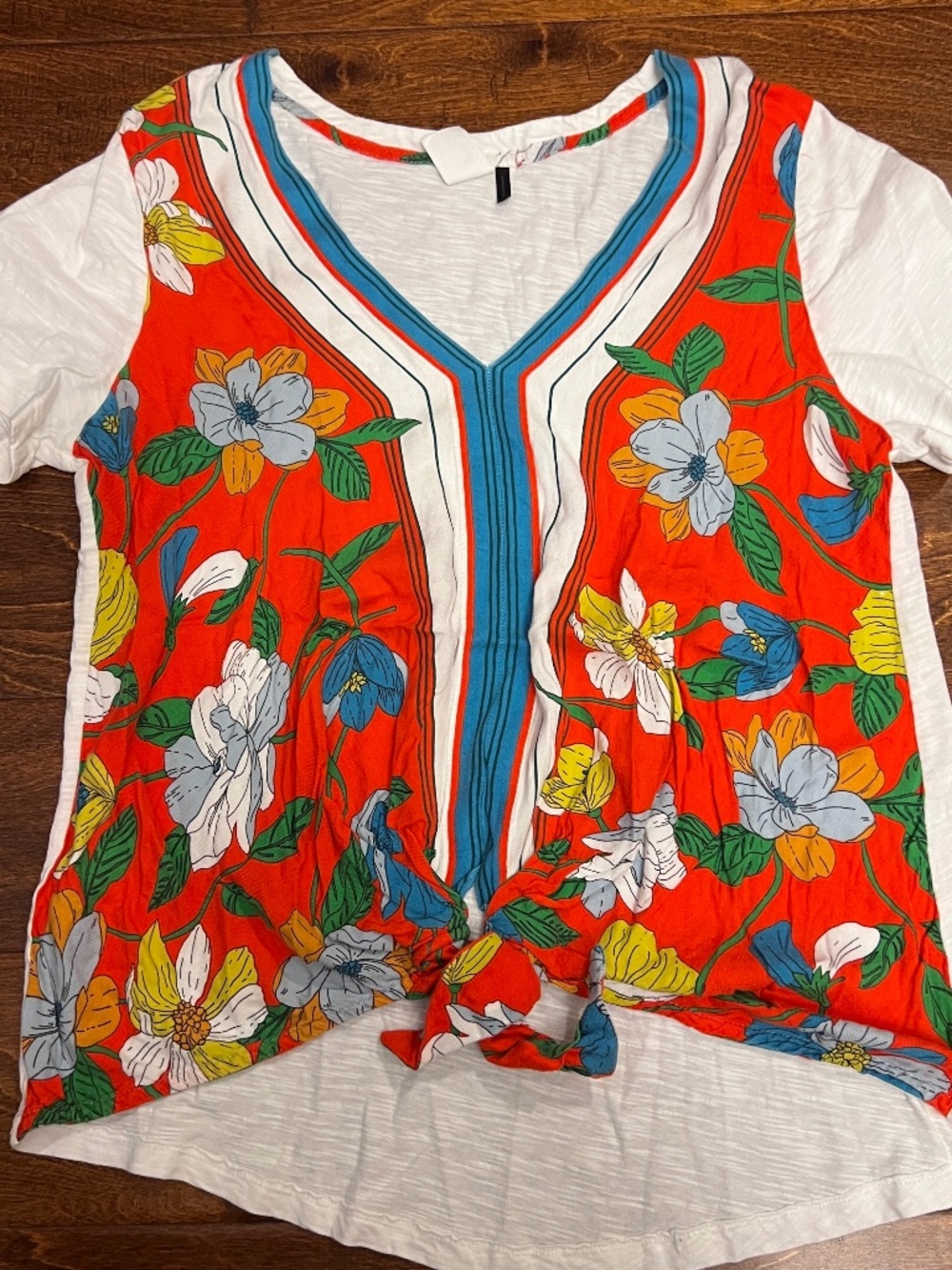 Anthropologie V-Neck Printed Front Tie Waist Short Sleeve Women’s Shirt Medium